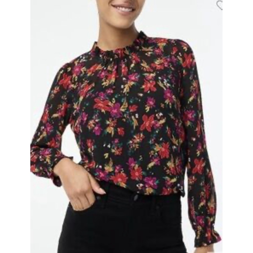 J Crew Floral Ruffle Neck Top Blouse Size 3X Black Multicolor‎ Long Sleeve NWT